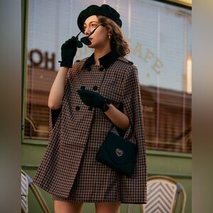 RIHOAS NWT Brown Pink Plaid Double Breasted Cape Coat Size XS